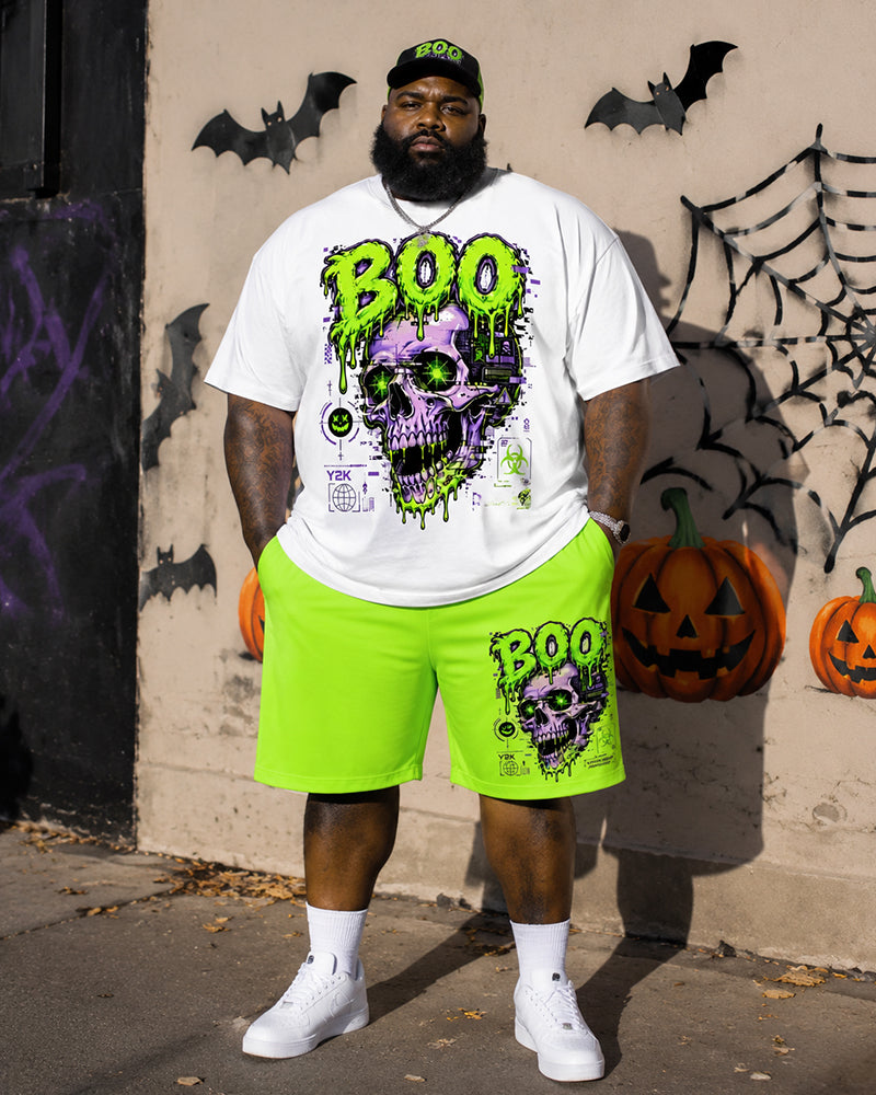 Big & Tall Men's BOO Skull Graffiti Print Round Neck Short Sleeve T-Shirt Shorts Set