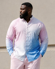 Big & Tall Men's Pink Blue Gradient Striped Print Stand Collar Long Sleeve Shirt Trousers Set
