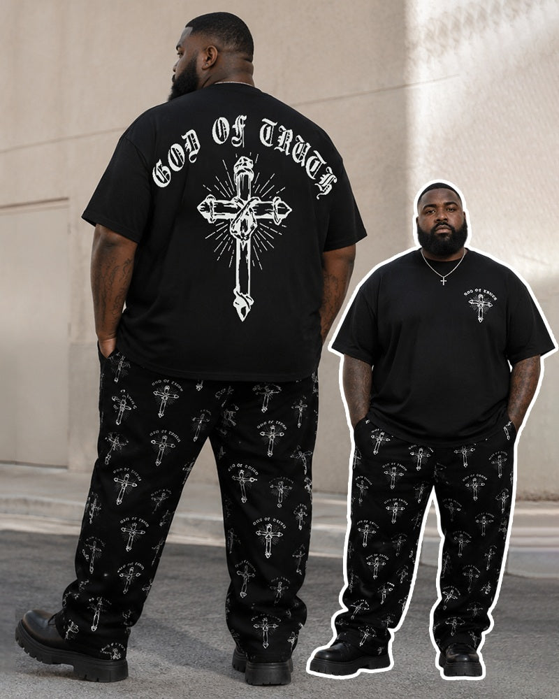 Big & Tall Men's Gothic Letter GOD OF TRUTH Cross Printed T-Shirt Pants Set