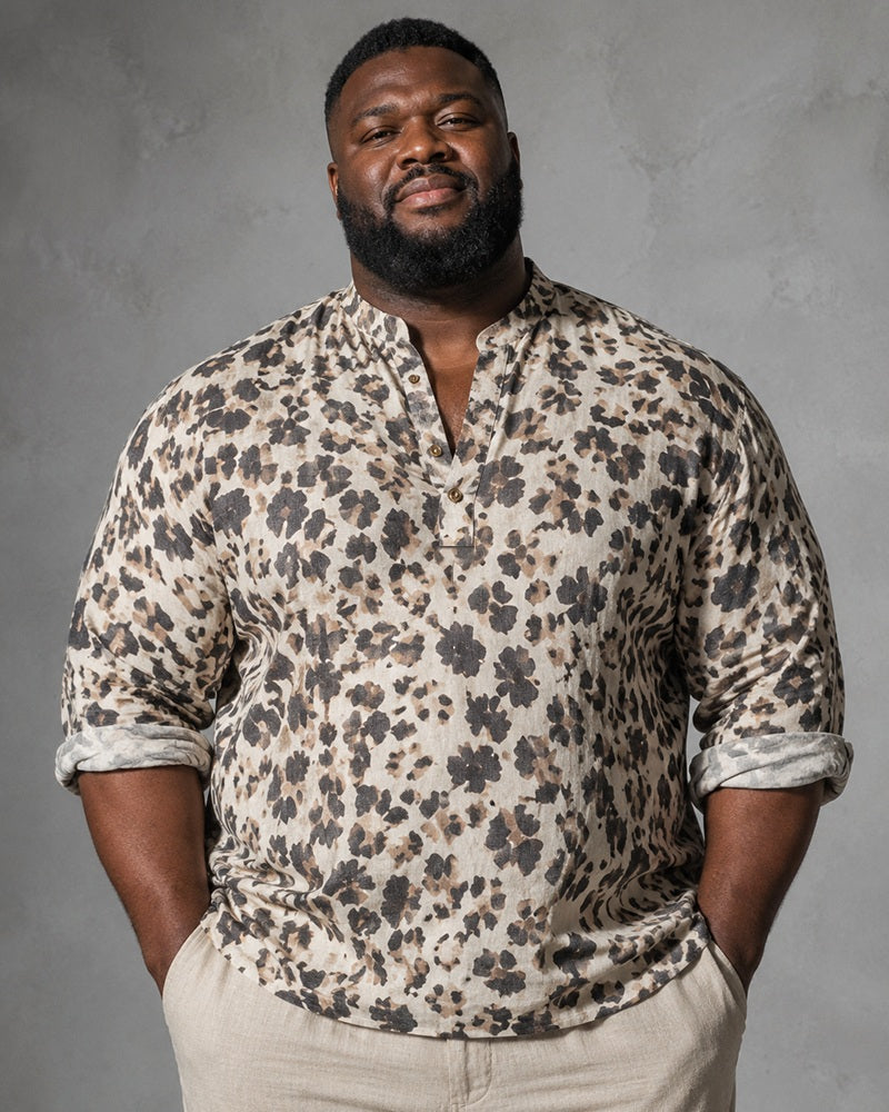 Big & Tall Men's Vintage Camouflage Leopard Print Stand Collar Long Sleeve Shirt