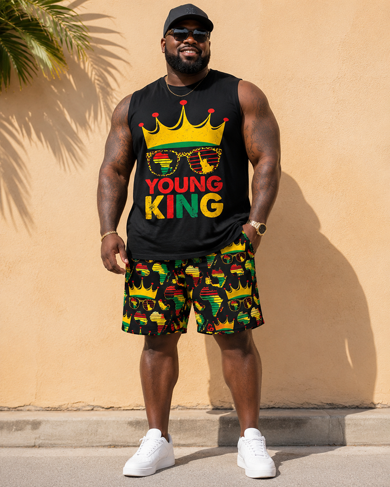 Big & Tall Men's Reggae Crown Sunglasses YOUNG KING Letter Print Vest Shorts Set