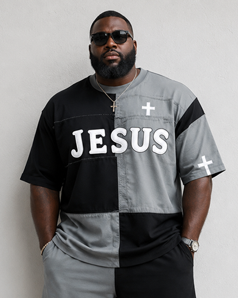 Big & Tall Men's JESUS Black And White Stitching Cross Print Round Neck Short Sleeve T-Shirt Shorts Set