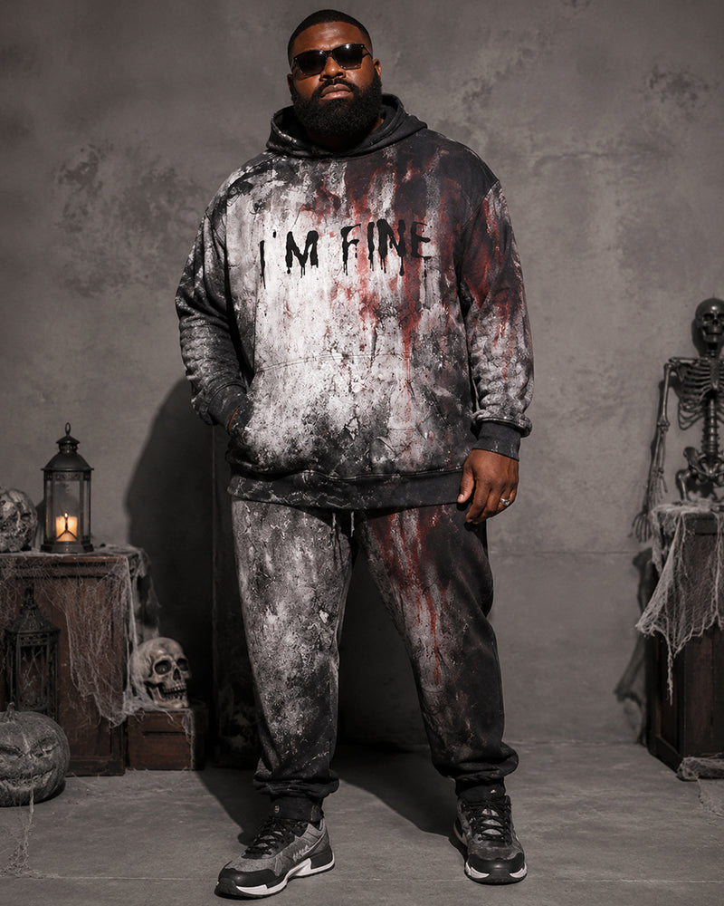 Big & Tall Men's Distressed Bloodstain “I'M FINE” Letter Print Hoodie Set