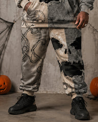 Big & Tall Men's Retro Patchwork Pumpkin Devil Face Print Half-Zip Hoodie Set