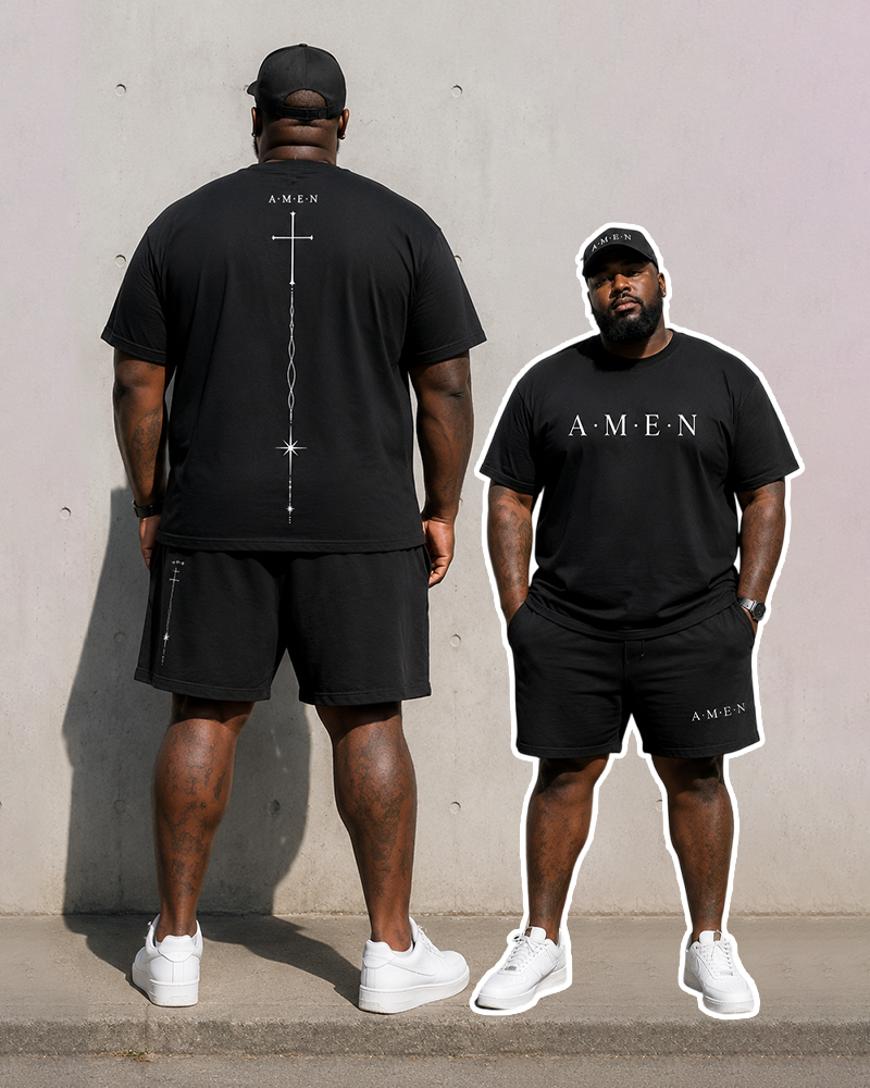 Big & Tall Men's Faith AMEN Vertical Line Cross Simple Printed Crewneck Short Sleeve T-Shirt Shorts Set