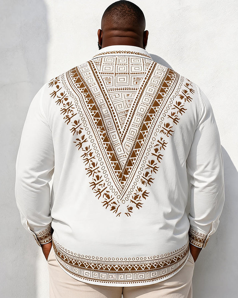 Big & Tall Men's Brown African Ethnic Geometric Print Long Sleeve Shirt