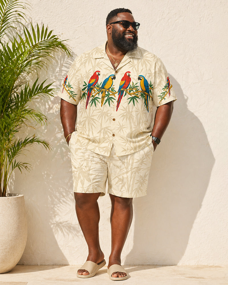 Big & Tall Men's Retro Parrot And Bamboo Print Short-Sleeve Shirt And Shorts Set