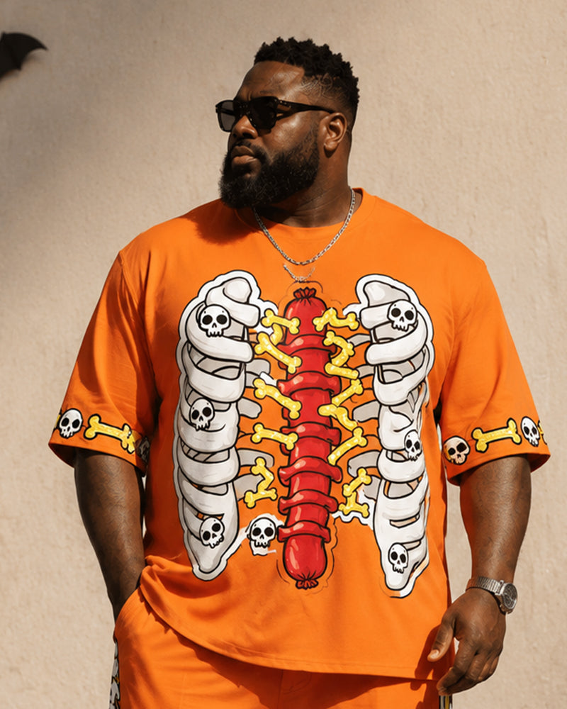 Big & Tall Men's Orange Skull Sausage Ribs Print T-Shirt Pants Set