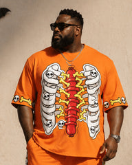 Big & Tall Men's Orange Skull Sausage Ribs Print T-Shirt Pants Set