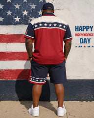 Big & Tall Men's Red, Blue And White Contrast Star Print POLO Short Sleeve Shorts Set