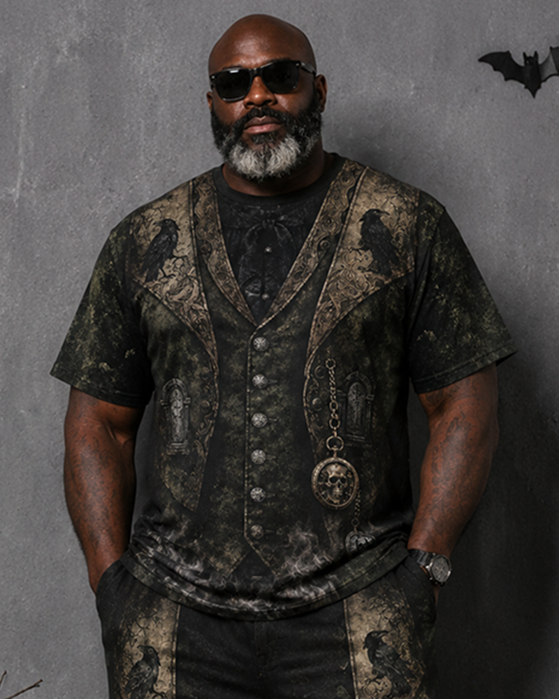 Big & Tall Men's Dark Green Crow Skull Castle Vest Printed T-shirt Pants Set