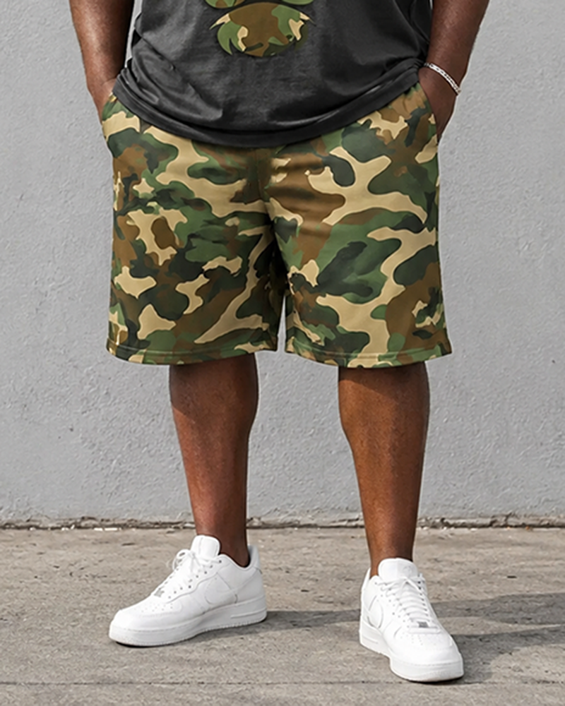 Big & Tall Men's Camouflage Leopard Head Print Round Neck Short Sleeve T-Shirt Shorts Set