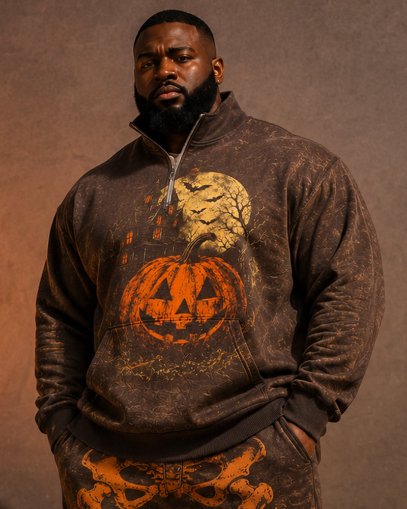 Big & Tall Men's Retro Distressed Pumpkin Skull Skeleton Printed Half Zipper Sweater Set