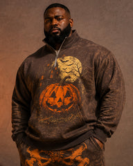 Big & Tall Men's Retro Distressed Pumpkin Skull Skeleton Printed Half Zipper Sweater Set