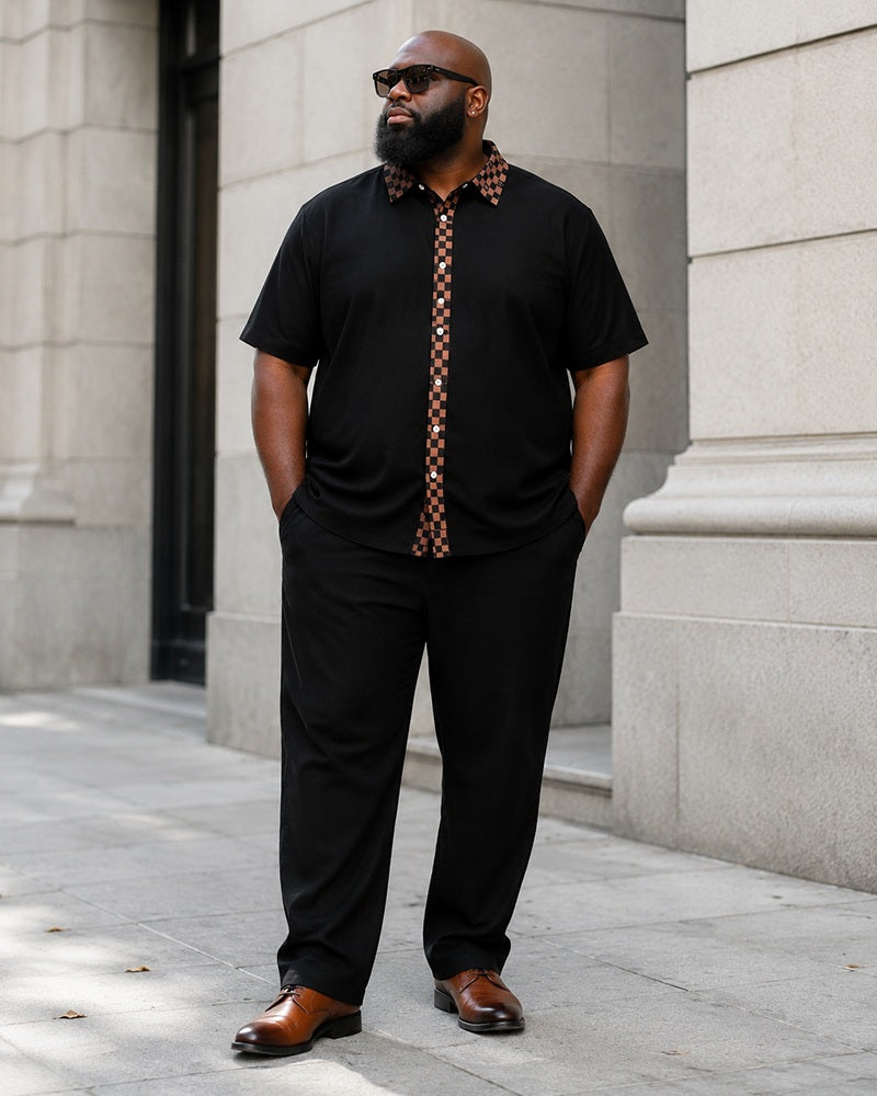 Big & Tall Men's Checkerboard Collar Placket Contrast Printed Short Sleeve Shirt Pants Set