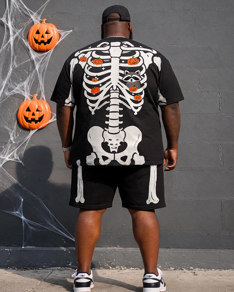 Big & Tall Men's Skeleton Chest Pumpkin Raccoon Print Round Neck Short Sleeve T-Shirt Shorts Set