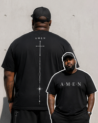 Big & Tall Men's Faith AMEN Vertical Line Cross Simple Printed Crewneck Short Sleeve T-Shirt Shorts Set