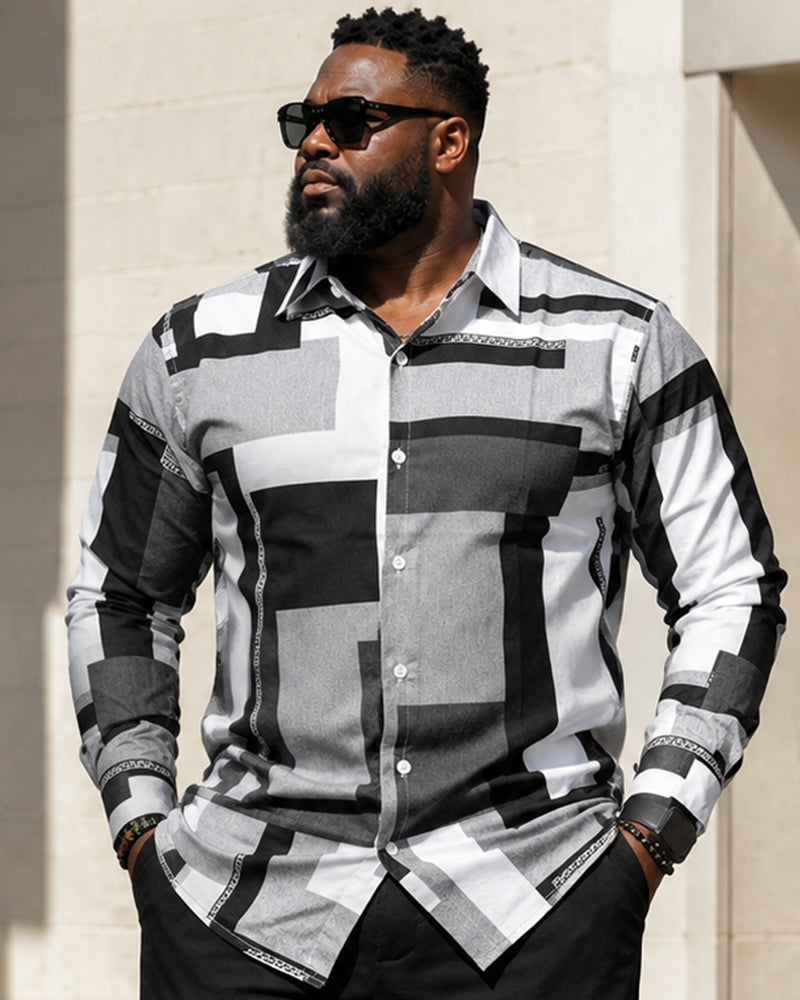 Big & Tall Men's Black And White Gray Irregular Block Printed Long Sleeve Shirt Trousers Set