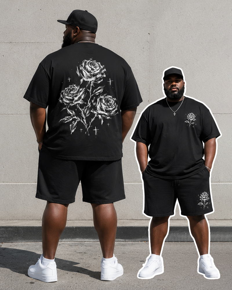 Big & Tall Men's Black And White Sketch Rose Cross Front And Back Printed Round Neck Short Sleeve T-Shirt Shorts Set