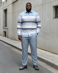 Big & Tall Men's Blue, Gray And White Horizontal Stripes Stitching Printed Long Sleeve Shirt And Trousers Set