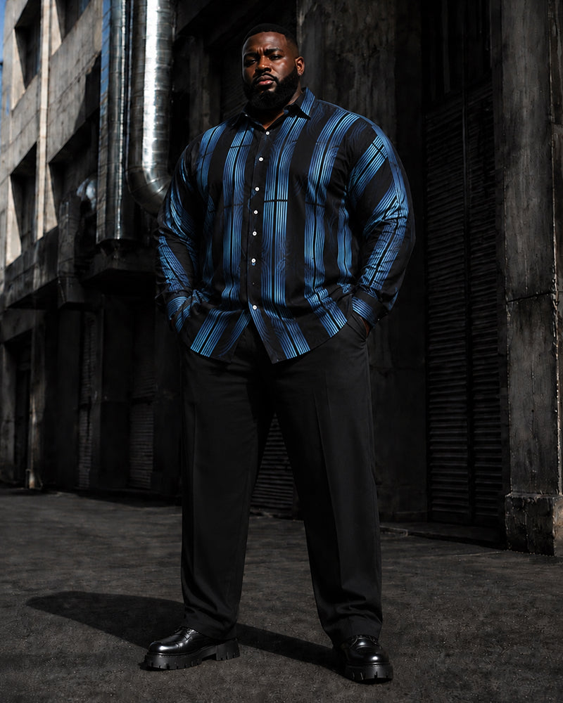 Big & Tall Men's Blue And Black Vertical Stripe Print Long Sleeve Shirt Pants Set