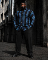 Big & Tall Men's Blue And Black Vertical Stripe Print Long Sleeve Shirt Pants Set