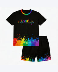 Big & Tall Men's Rainbow Splash Ink Heartbeat Dachshund Printed Round Neck Short Sleeve T-Shirt Shorts Set