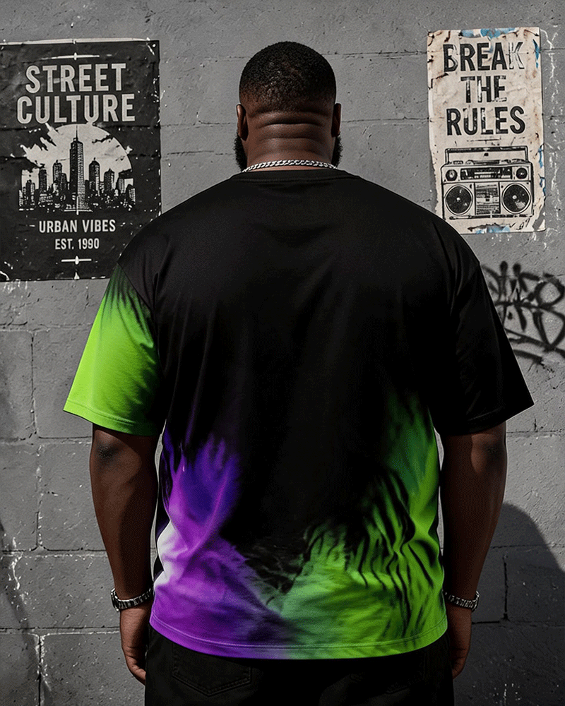 Big & Tall Men's Purple Green Gradient Hat Printed Round Neck Short Sleeve T-shirt