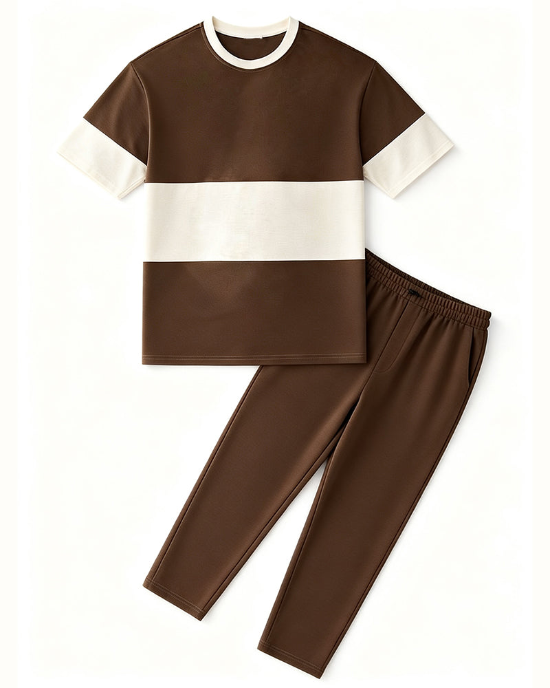 Big & Tall Men's Brown And White Contrast Striped Printed T-Shirt Pants Set