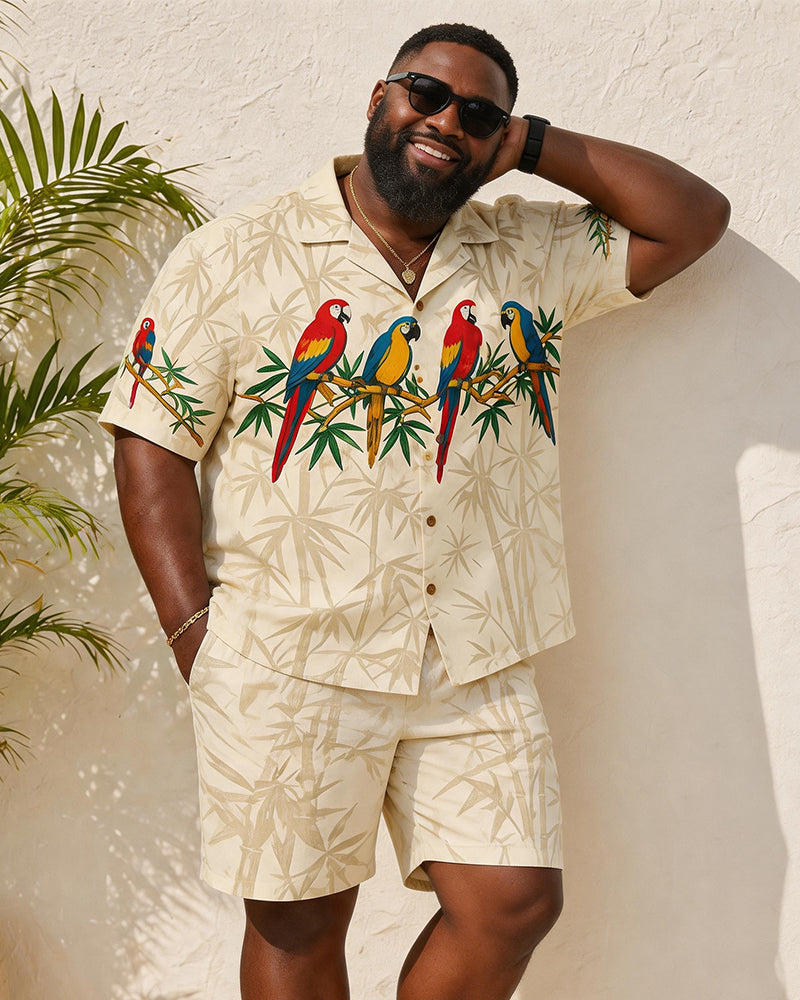 Big & Tall Men's Retro Parrot And Bamboo Print Short-Sleeve Shirt And Shorts Set