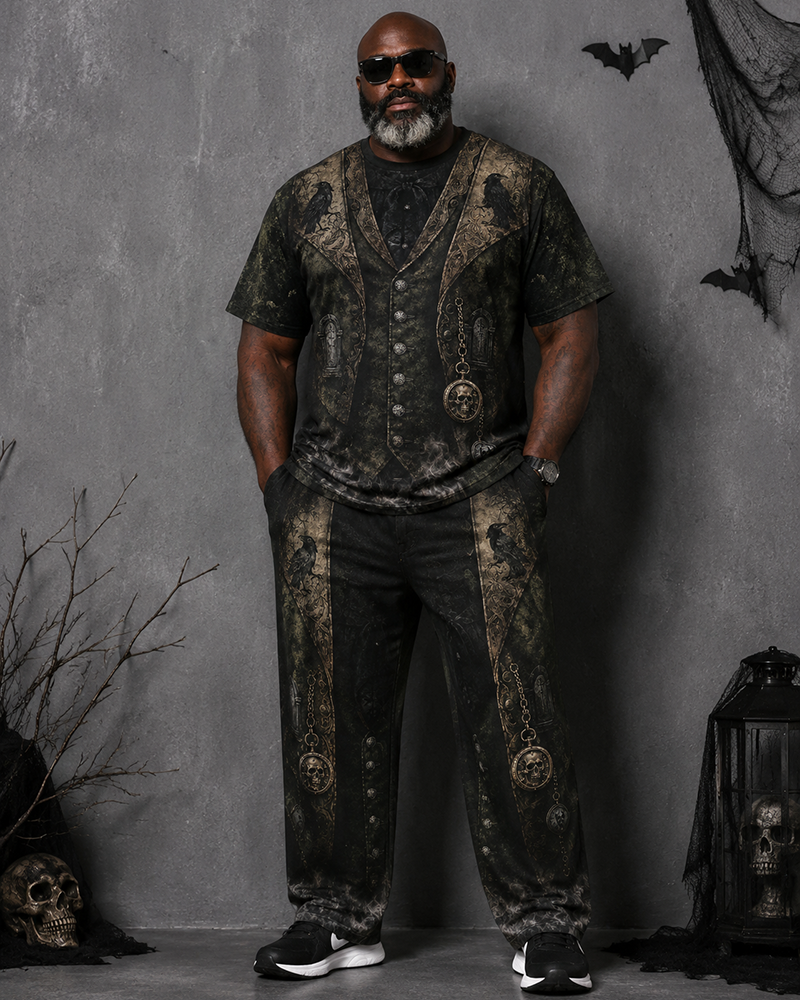 Big & Tall Men's Dark Green Crow Skull Castle Vest Printed T-shirt Pants Set