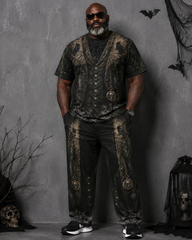 Big & Tall Men's Dark Green Crow Skull Castle Vest Printed T-shirt Pants Set