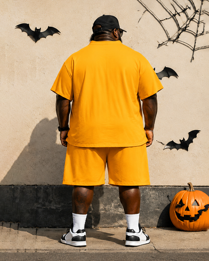 Big & Tall Men's Yellow Retro Hanging Pipe Print Crew-Neck Short-Sleeve T-Shirt And Shorts Set
