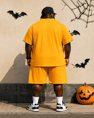 Big & Tall Men's Yellow Retro Hanging Pipe Print Crew-Neck Short-Sleeve T-Shirt And Shorts Set