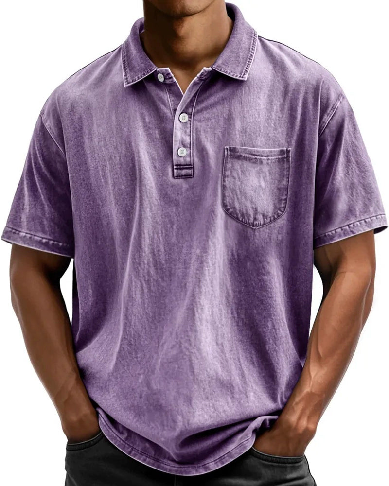 S-5XL Washed Cotton Casual All-Match Short-Sleeve Button-down Polo Shirt With Lapel Collar