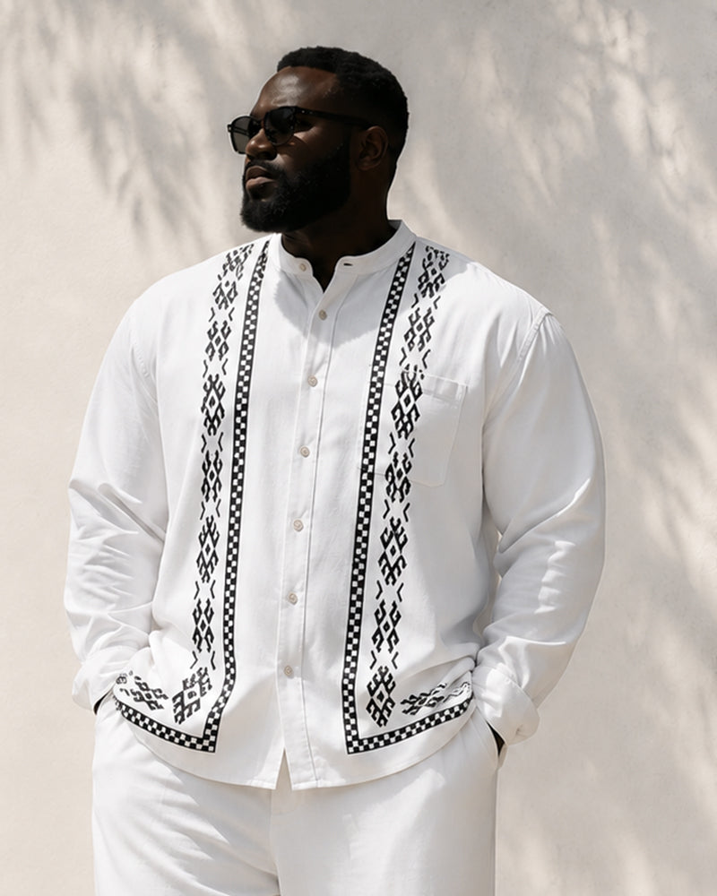 Big & Tall Men's Ethnic Style Printed Collar Long Sleeve Shirt Trousers Suit