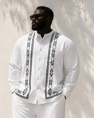 Big & Tall Men's Ethnic Style Printed Collar Long Sleeve Shirt Trousers Suit