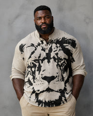 Big & Tall Men's Black And White Splash Ink Lion Head Printed Collar Long Sleeve Shirt
