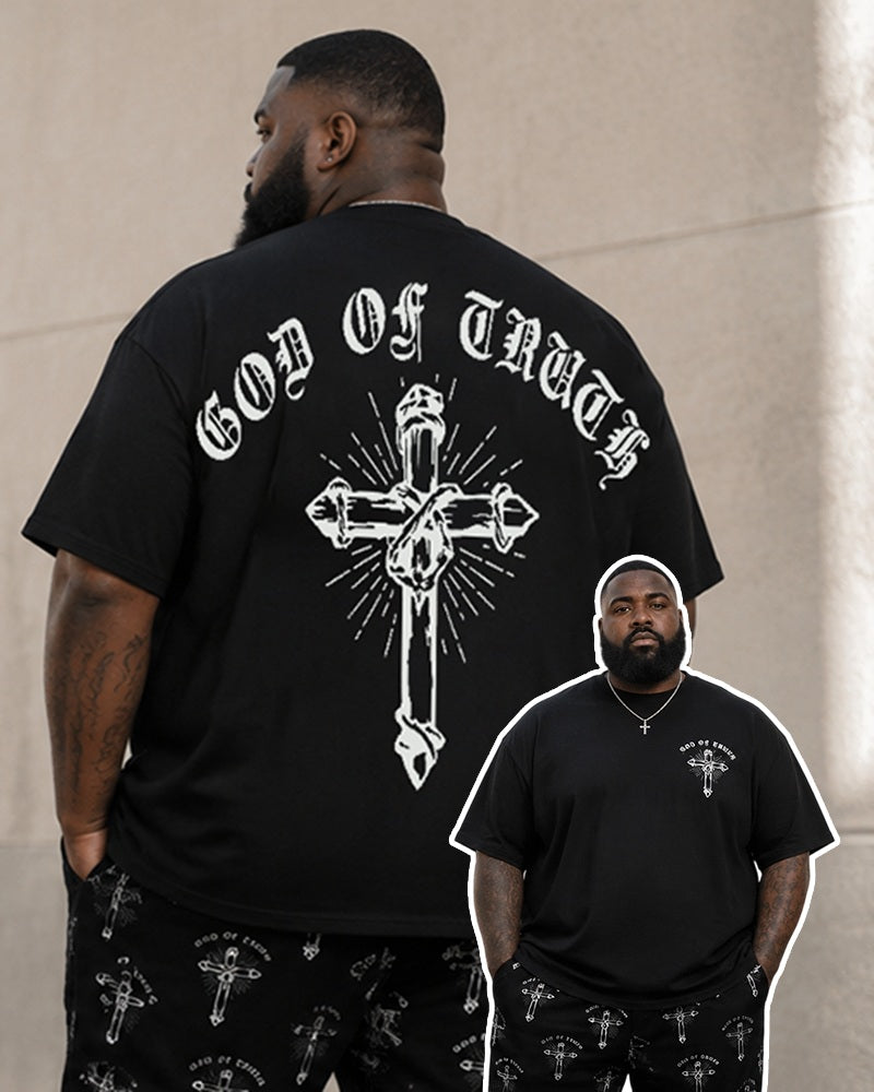 Big & Tall Men's Gothic Letter GOD OF TRUTH Cross Printed T-Shirt Pants Set
