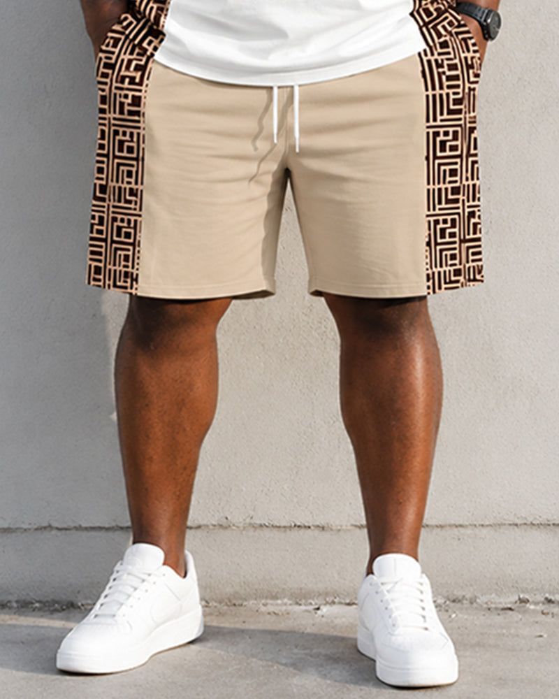 Big & Tall Men's Geometric Stitching Crown Print Round Neck Short Sleeve T-shirt Shorts Set