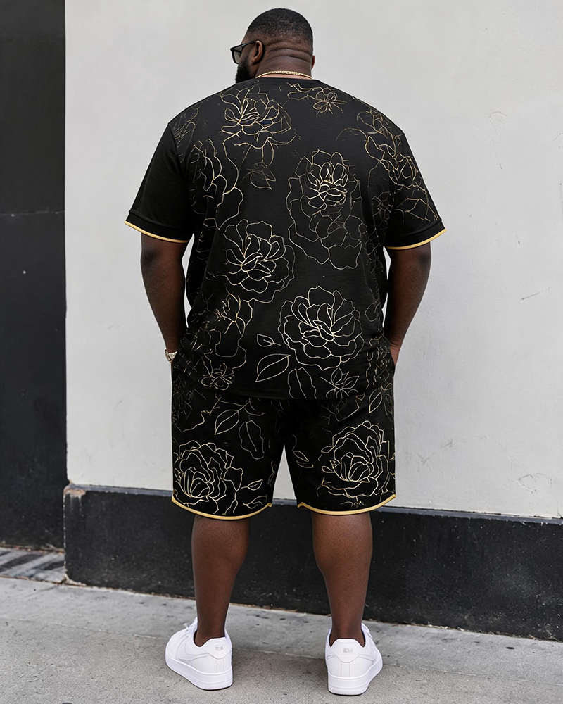 Big & Tall Men's Line Rose Dark Cross Printed Crewneck Short Sleeve T-Shirt Shorts Set