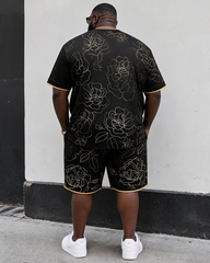 Big & Tall Men's Line Rose Dark Cross Printed Crewneck Short Sleeve T-Shirt Shorts Set