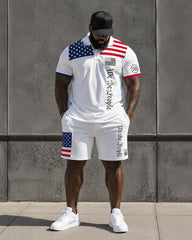 Big & Tall Men's Stars And Stripes Patchwork Printed POLO Short Sleeve Shorts Set