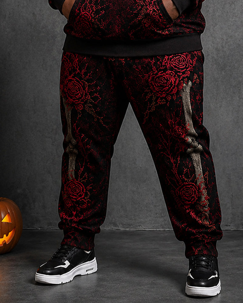Big & Tall Men's Halloween Rose Skull Print Half Zip Sweat Set