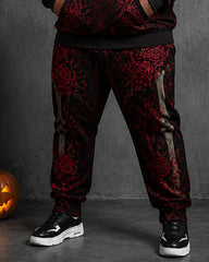 Big & Tall Men's Halloween Rose Skull Print Half Zip Sweat Set