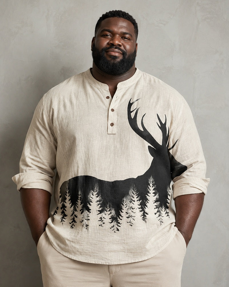Big & Tall Men's Elk Forest Silhouette Print Long Sleeve Shirt With Vertical Collar