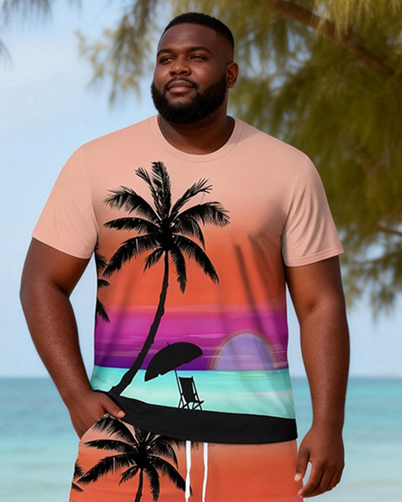 Big & Tall Men's Rainbow Sunset Coconut Print Round Neck Short Sleeve T-Shirt Shorts Set