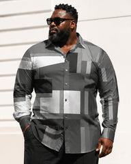 Big & Tall Men's Dark Gray Color Block Geometric Print Long Sleeve Shirt Trousers Set