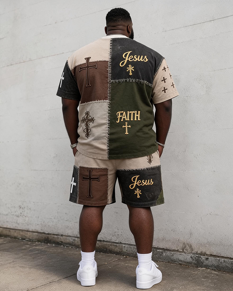 Big & Tall Men's Retro Distressed Stitching Cross JESUS FAITH Printed Crew Neck Short Sleeve T-shirt Shorts Set