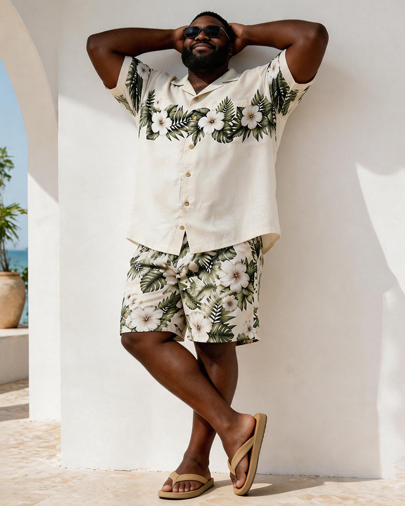 Big & Tall Men's Tropical Hibiscus Palm Leaf Print Short-Sleeve Shirt And Shorts Set